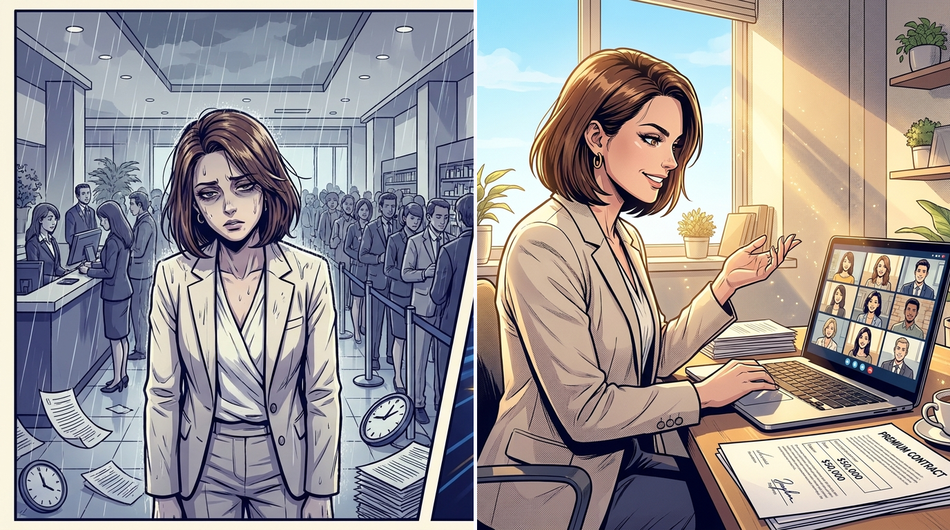 Avant : Charlotte épuisée, débordée sur le terrain. Après : elle vend sa formation en ligne aux réseaux franchisés et déplafonne ses revenus.